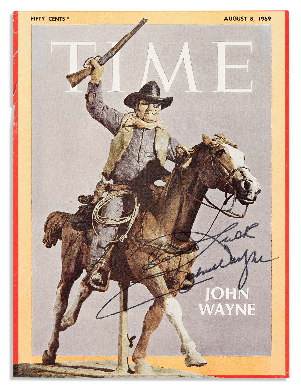 (ENTERTAINERS.) WAYNE, JOHN; AND LIZA MINNELLI. Two Time magazine covers, each Signed and Inscribed by Wayne or Minnelli,